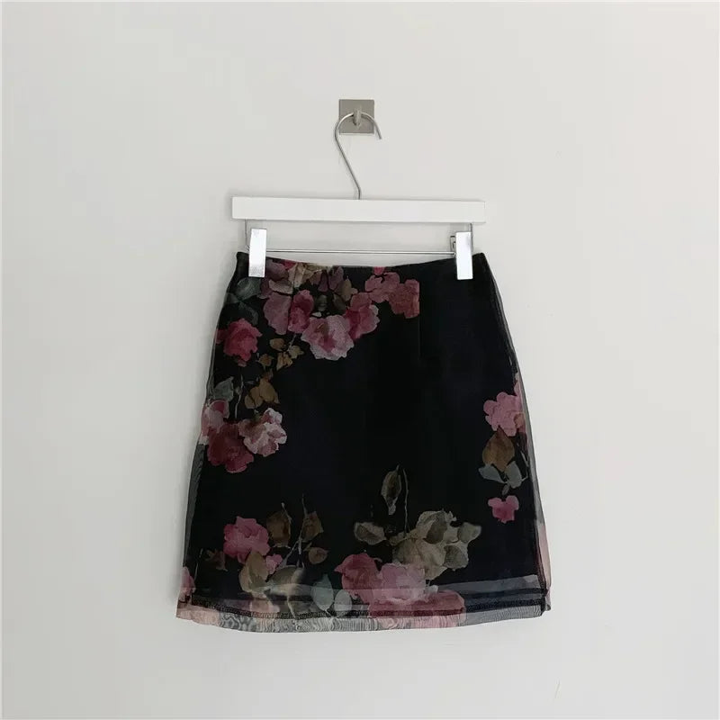 Seturi elegante pentru femei, 2 piese, negru, roz, transparent, cu mânecă lungă, cămașă + talie înaltă, linie A, imprimeu floral, fustă, 2 piese, costume OL