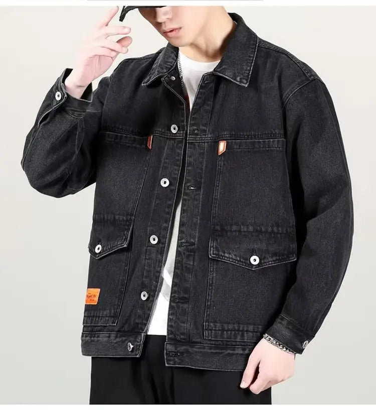 Black Blue Denim Short Jacket Men Jeans Jacket Coats Casual Windbreaker Pockets Overalls Bomber Streetwear Man Clothing Outwear