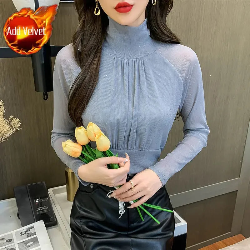 Tops Woman Autumn Winter Red Long Sleeve T Shirt for Women Rhinestone Turtleneck Glitter Sequin Cheap Clothes Elegant Clearance