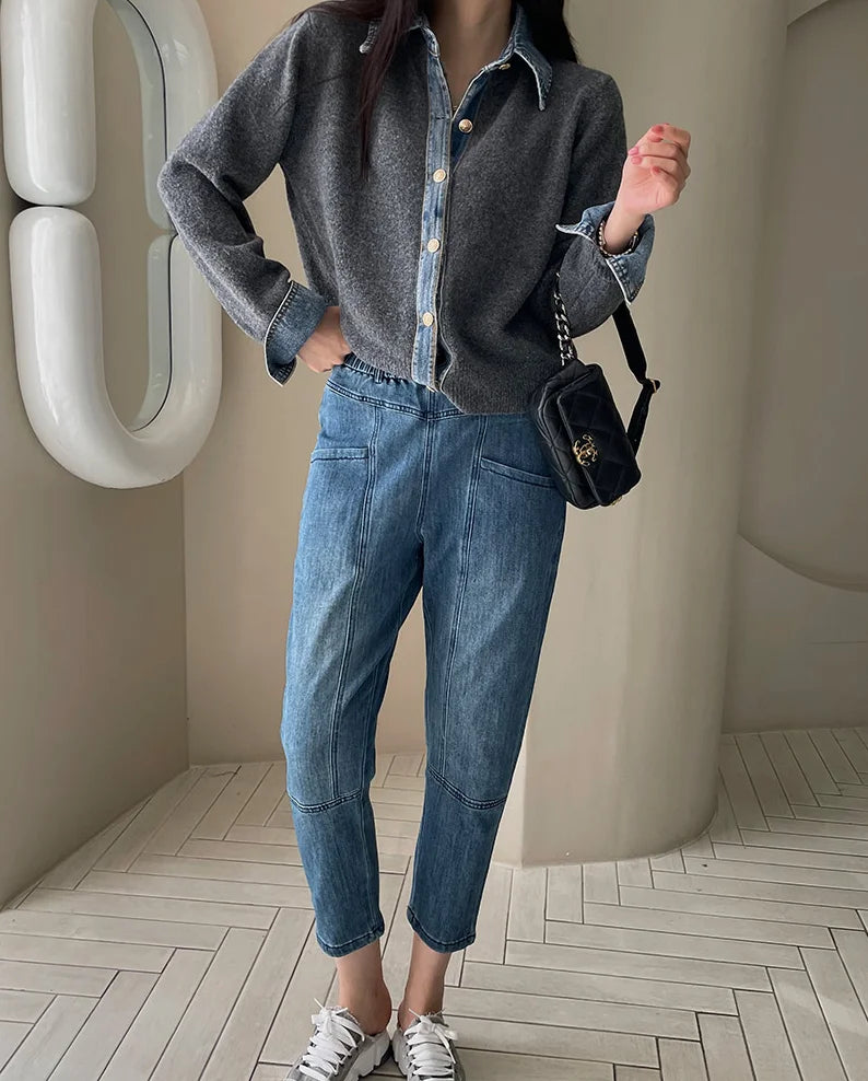 BigLargiCN Strickcardigan Herbst Denim Patchwork Damen Korean Stil - Gewicht 120–220 g/m² Länge Regular Lockere Passform