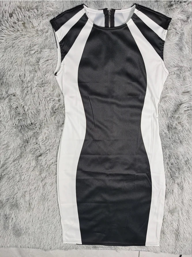 Elegant Women Party Club Dresses 2023 Summer Fashion Colorblock Round Neck  Bodycon Dress Sleeveless Casual Mini Black Dress