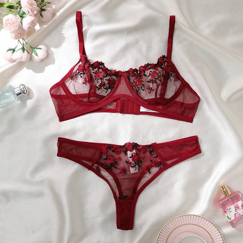 Women Lace Lingerie Push Up Bra And Panty Sets Flower Embroidery Bralette Set