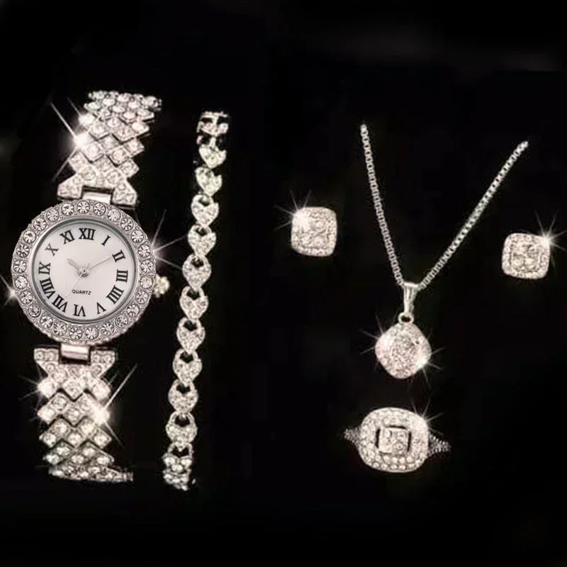 Mode Luxus Vollkristall 5-teiliges Set - Uhr Halskette Ohrringe Ring Set für Damen - Strass Armbanduhr Damen Armband Set Geschenk