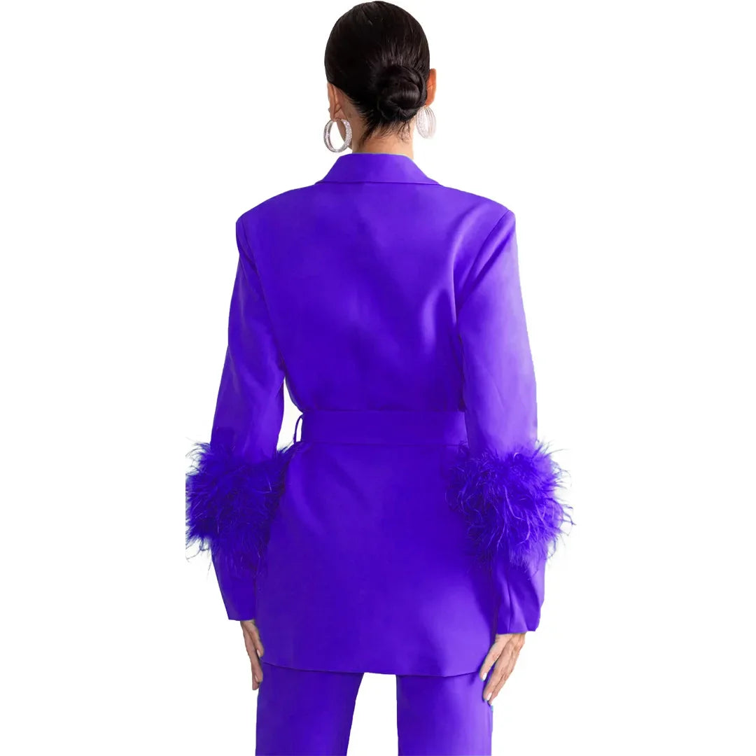 Femei elegante 2 piese set solid cristat guler blazer fermoar pantaloni lungi pene palton costum doamnelor toamna iarna birou ținute