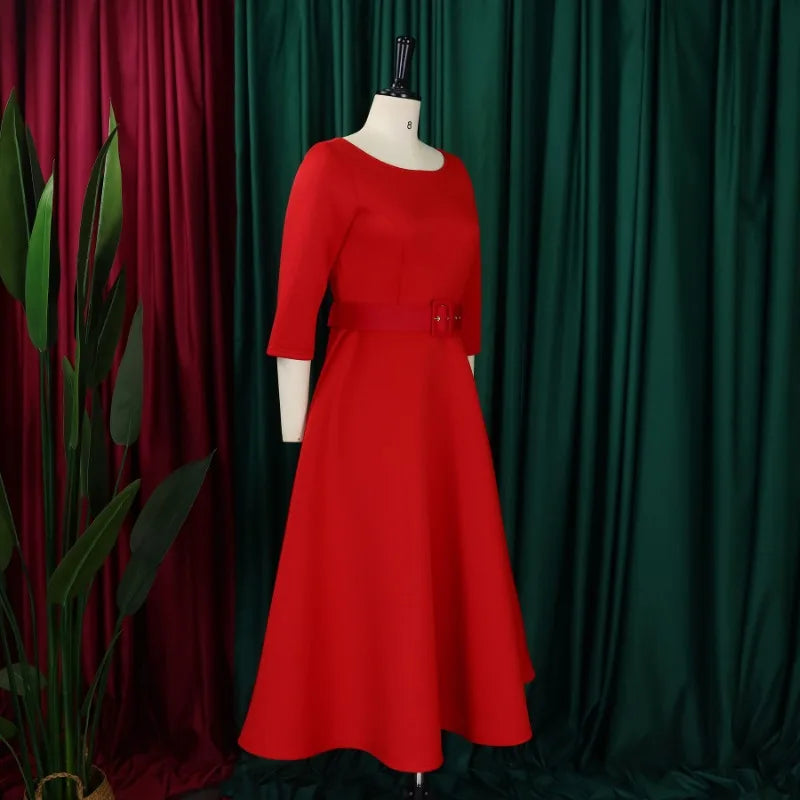 Elegant Women Party Dresses A Line with Waist Belt Three Quarter Sleeves Classy Office Ladies Wedding Guest Gowns Female