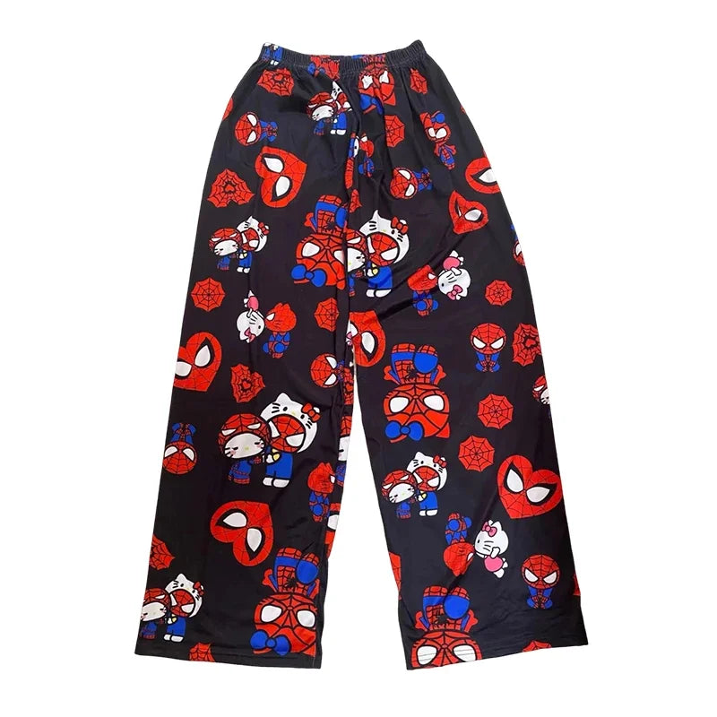 Pyjama 2025: Hello Kitty Spiderman Pajamas Black Kawaii Print - Men Women Universal Couple Fashion Long Comfort Loose Casual Pants Clothing Collection