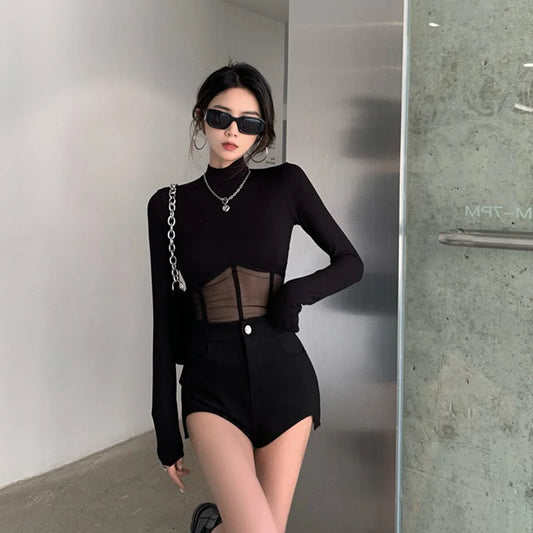 Summer Women T Shirt  Woman Clothes Long Sleeve Tops Spring Black Slim Tshirt Female Crop Top Tee elegant Skinny Y2k