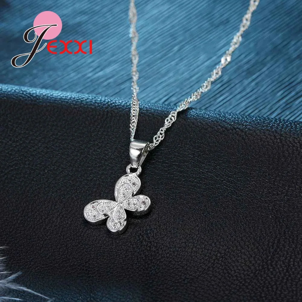 Full of White Zircons Cute Double Butterfly Jewelry Set For Women Party 925 Sterling Silver Necklaces With Earring Fashion