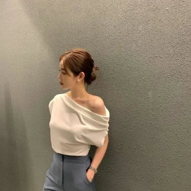 Asapgot Diagonal Crop Top - Schulterfrei Elegant Kurzarm S