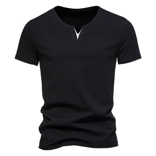 Mens Short Sleeve Henley Shirts Casual Cotton Slim Fit Basic Summer V Neck T-Shirt - Golden Bridge Store