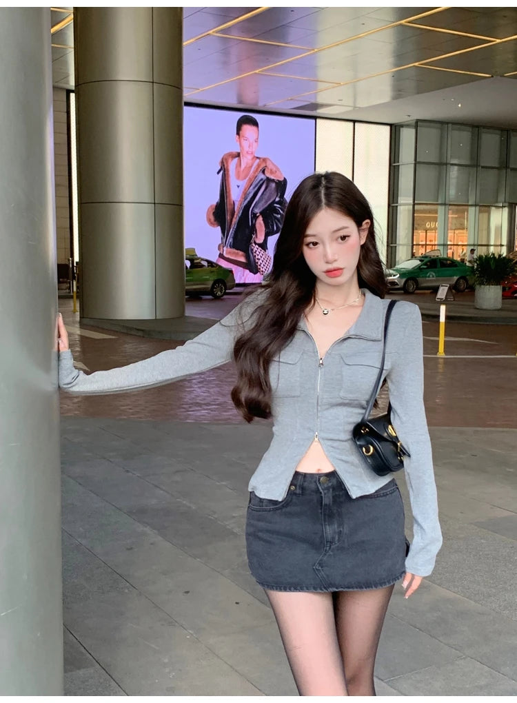 Women T-shirt Spring Autumn Clothes Ribbed Knitted Long Sleeve Short Tops Zipper Design Tee elegant Female Slim Tops