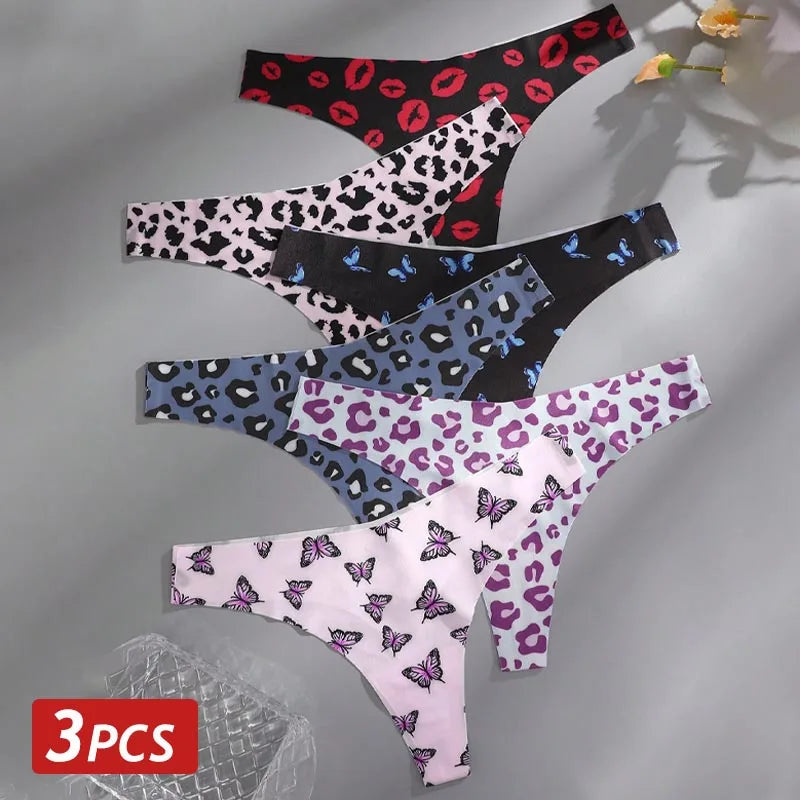 All Of Me Damen-Unterwäsche 2025 - 3er-Set Ice Silk nahtlose Strings Leopard & Schmetterling Print