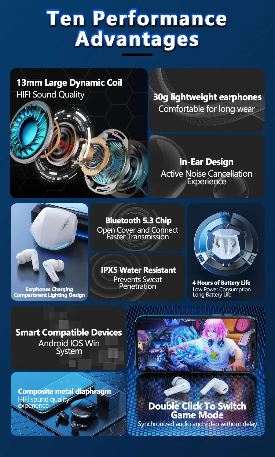 Căști de gaming 2025: Lenovo GM2 Pro Bluetooth 5.3 - Colecția Sports Wireless In-Ear Low Latency