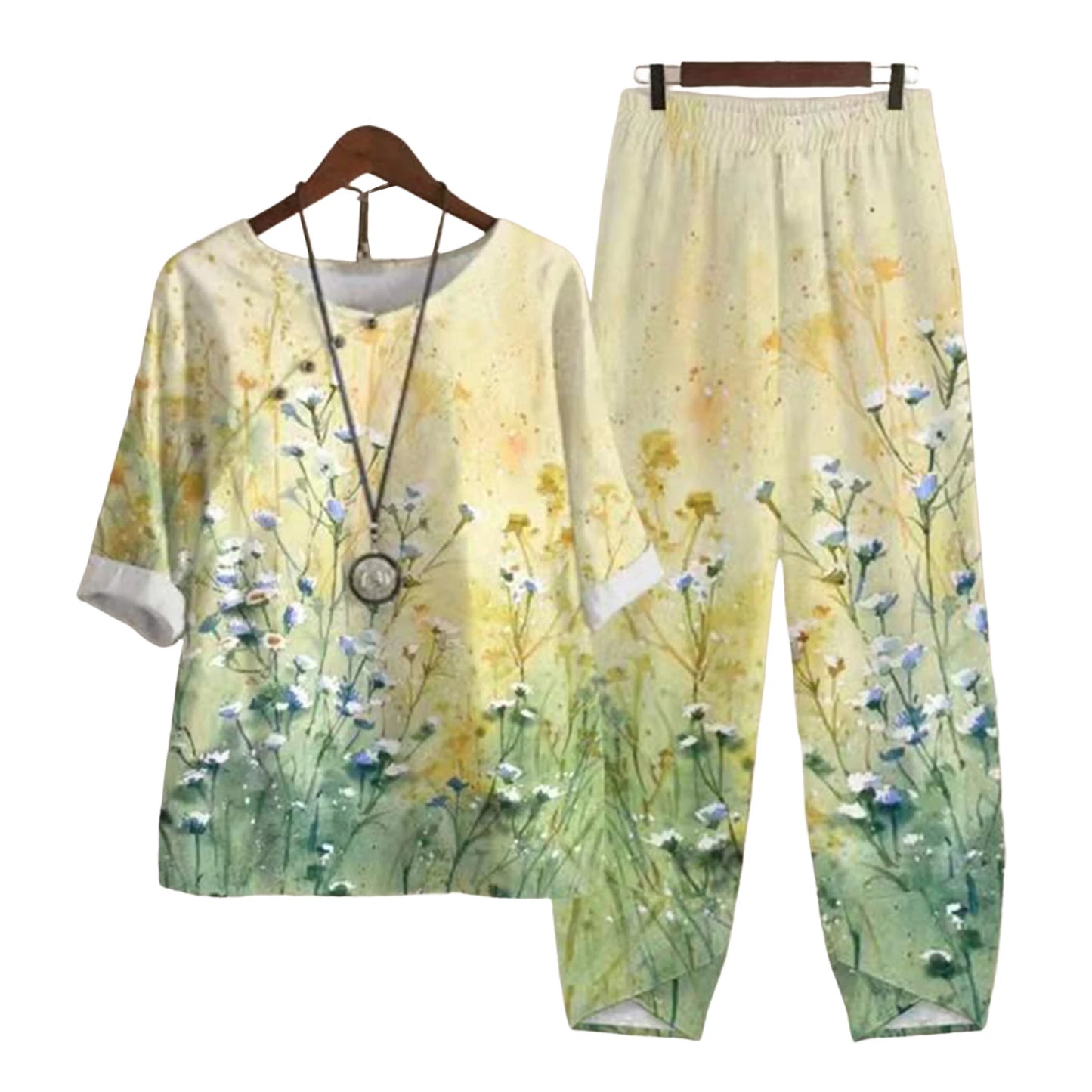 Elegant  Women Outfit Breathable Flower Pattern Blouse Trousers Half Sleeves Soft Blouse Pants Spring Clothes