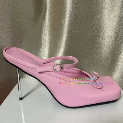 Elegant Women's Formal Shoes Square Toe Bow Tie High Heels Golden Elastic Strap Summer Vintage Mary Janes elegant Party Shoes