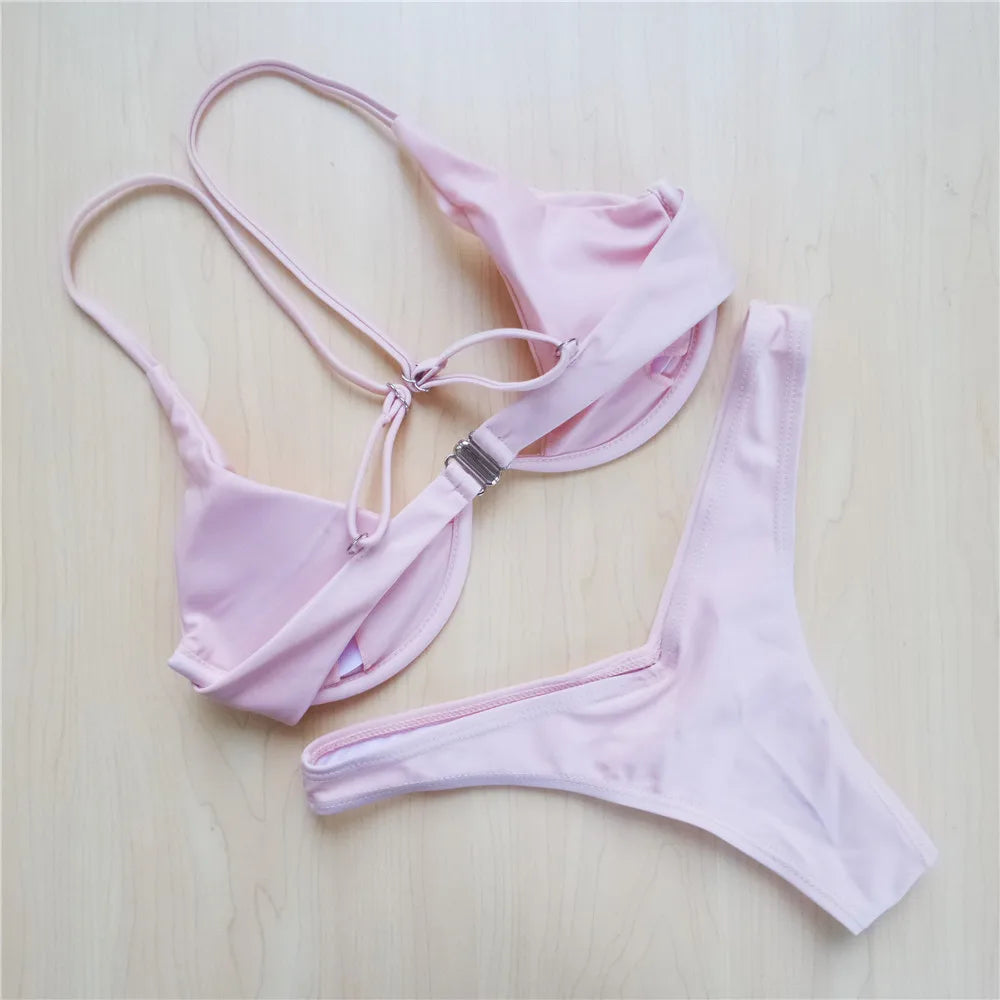 Bikini cu armătură în V, talie joasă, două piese, poliester, spandex, cu armătură, talie subțire, model S-XL