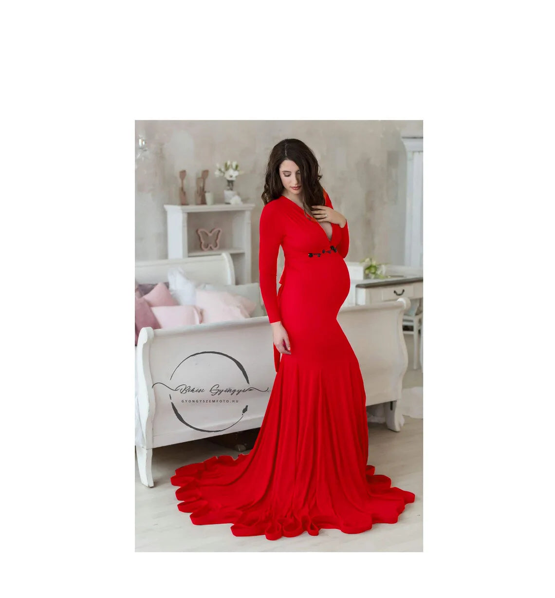 Rochie de maternitate pentru femei, primăvară-toamnă, elegantă, subțire, cu decolteu în V, mânecă lungă, tip sirenă, Maxi, pentru fotografie, ședință foto pentru bebeluși