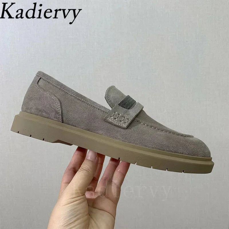 Luxus Damen Flache Schuhe 2025 - Wildleder Kette Perlen Runde Zehen - Slip-On Loafer Komfort Walking Schuhe