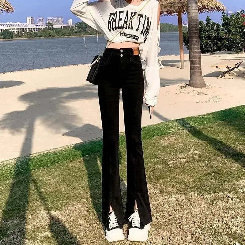 Jeans Woman 2024 Vintage Fashion Trend Luxury Denim Pants High Waisted Elasticity Flare Leggings Korean Black Bell Bottom Jeans - Golden Bridge Store