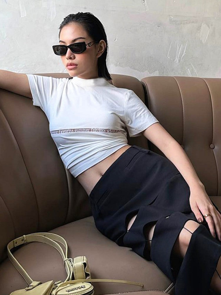 White T Shirts For Women Streetwear Letters Tshirt Hollow Out Crop Top Y2k Clothes Short Sleeve Ropa De Mujer Slim Fit Camisetas