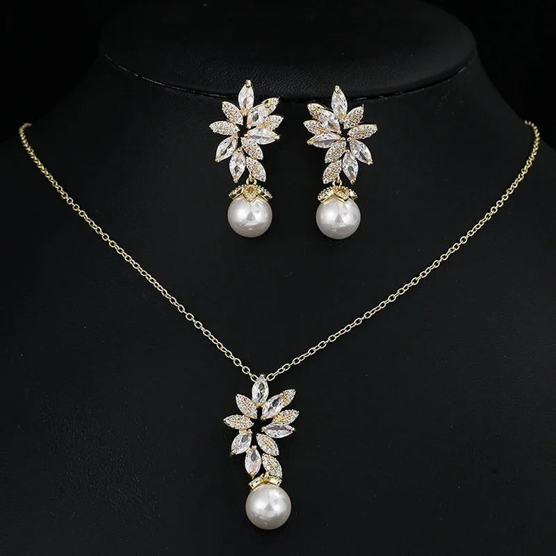 Luxus Silberfarbe AAA+ Cubic Zirkonia - Damen Große Perlen Halskette Anhänger und Ohrringe - Schmuck Sets Geschenk