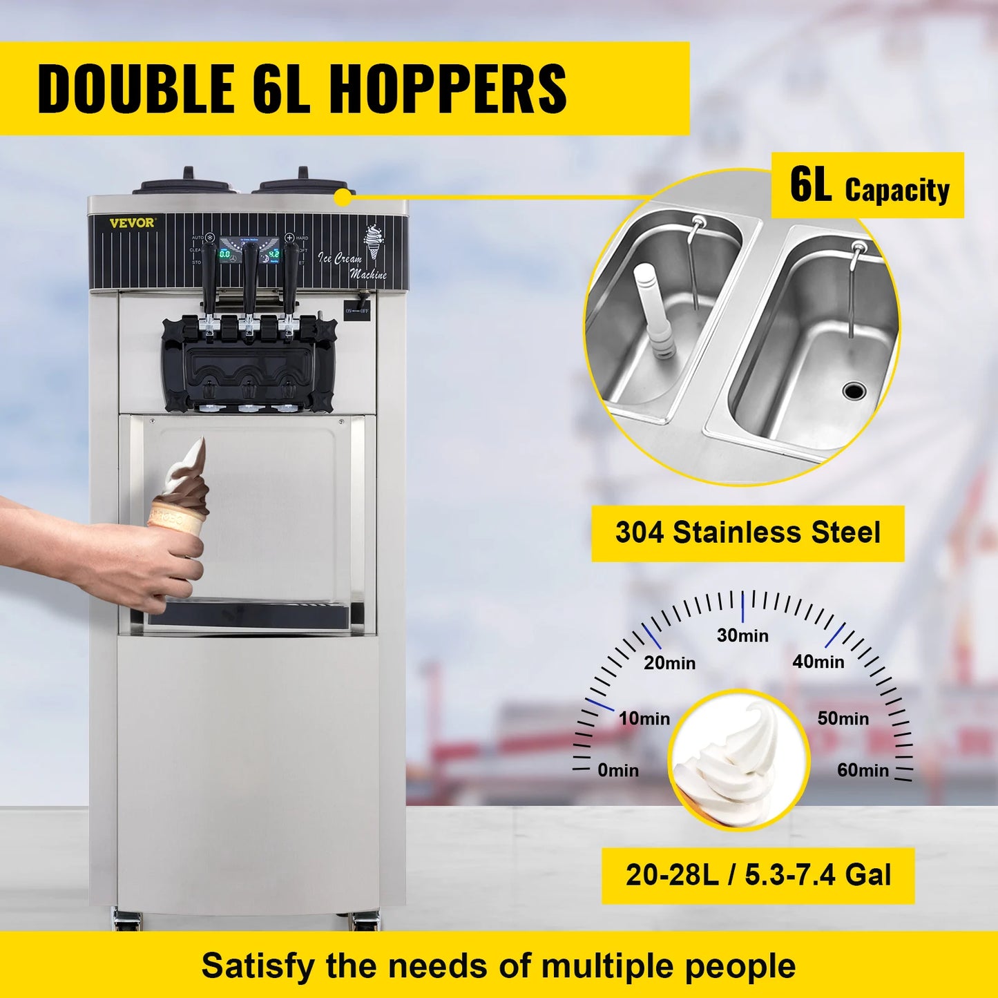 VEVOR 2200W Commercial Soft Ice Cream Maker Machine Ice Cream Maker Double 6L Hoppers Ice Cream Making Machine for restaurant