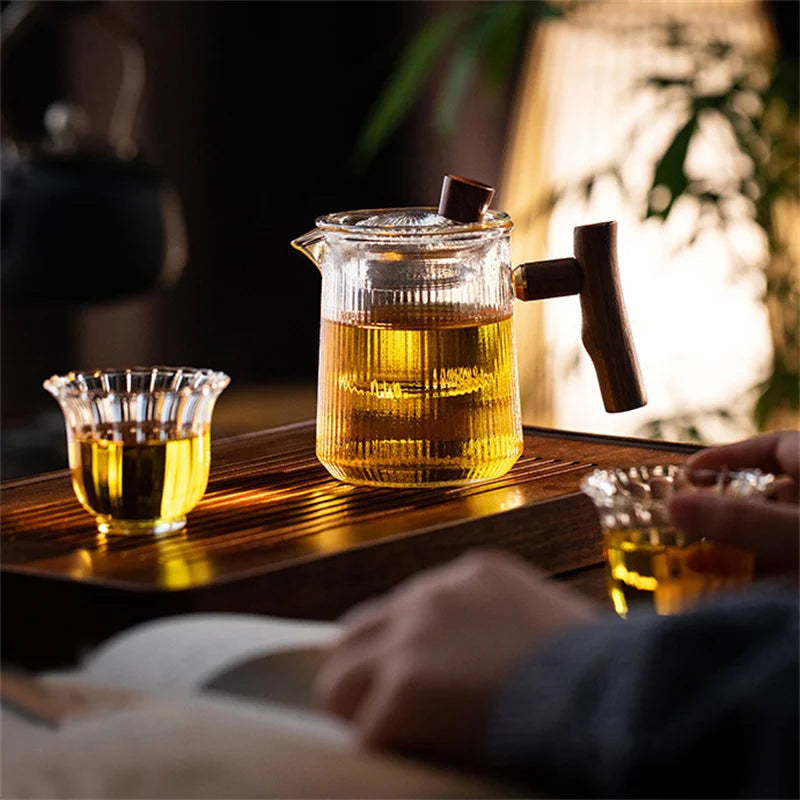 Japanese Heat Resistant Vertical Stripe Glass Tea Pot Wood Handle Teapot Kung Fu Tea Set Puer Kettle Coffee Glass Pot Teaware