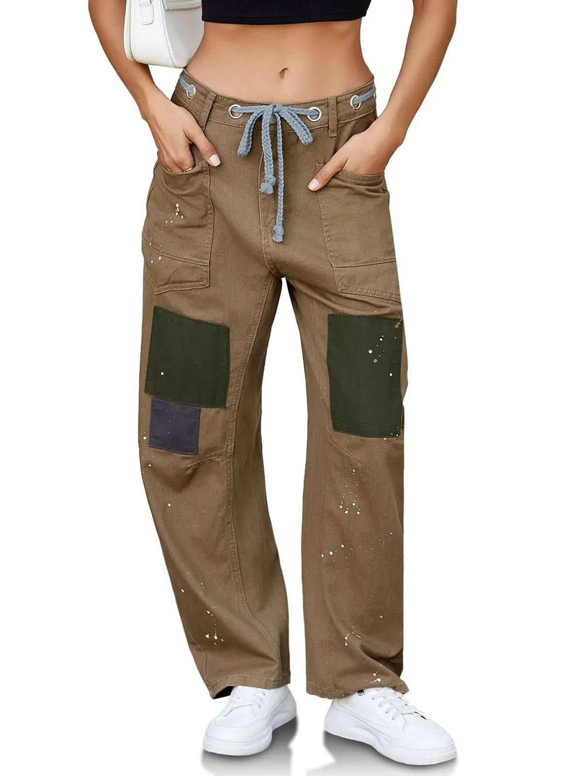 Jeans Women Denim Pants Straight Trousers Drawstring Long Pant Casual Loose Y2k Streetwear Button Pocket Splice Mom Jeans 2025