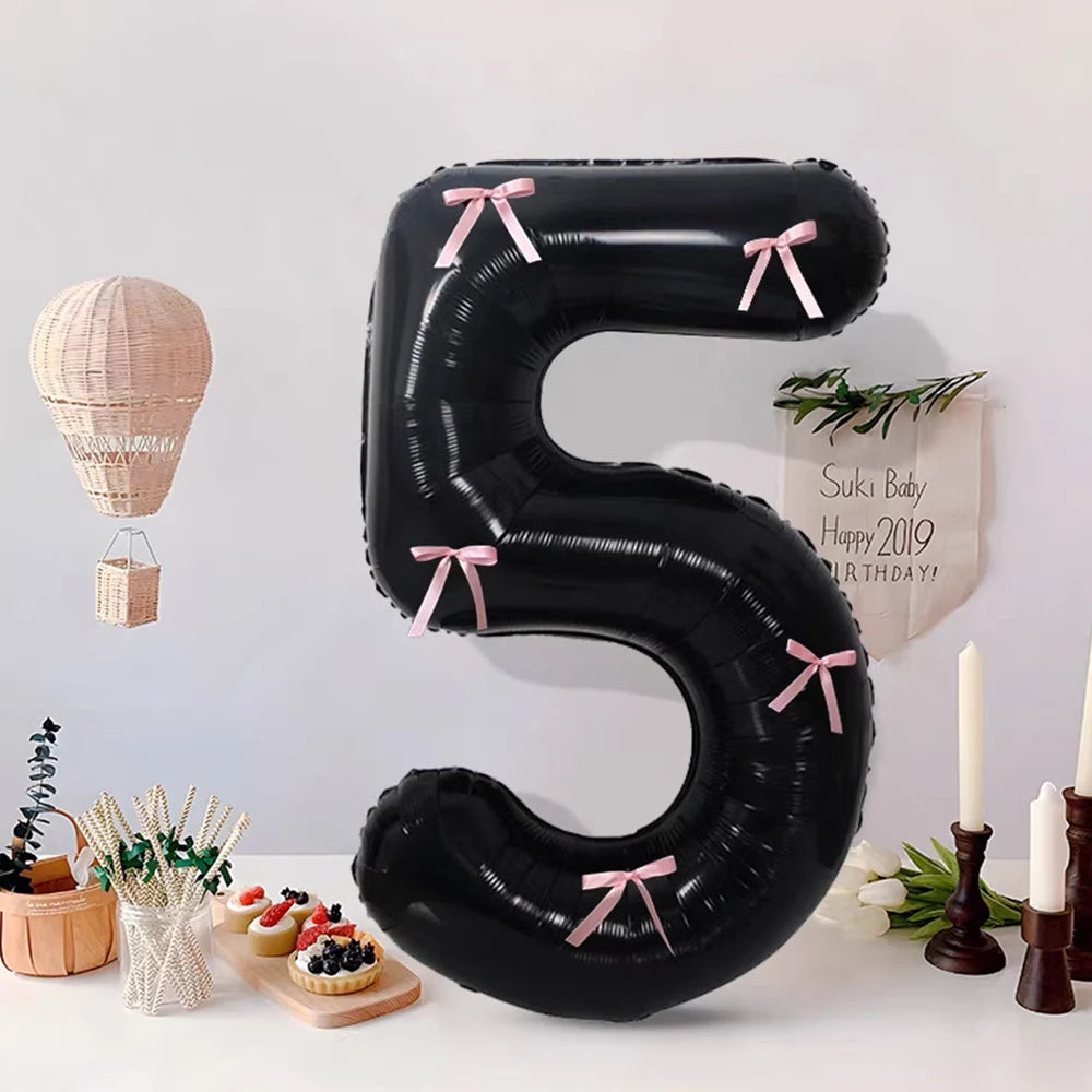 Black Number Balloons Aluminum Film Balloons With Pink Bow for Kids Boy Girl Birthday Party Decorations 0-9 Numbers