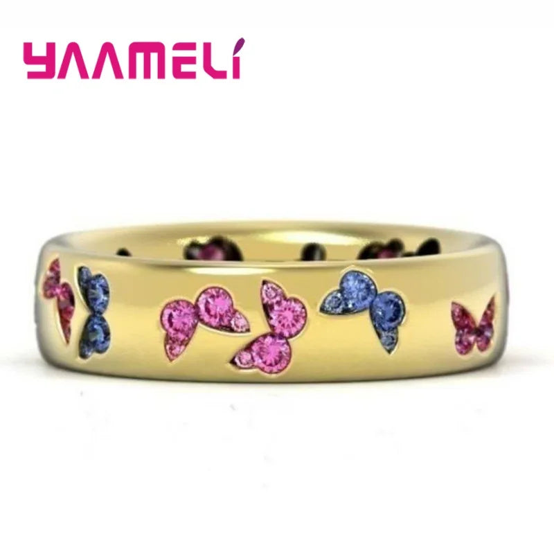 Inele de nuntă colorate cu fluture, placate cu argint 925, pentru femei, elegante, multicolore, cu zirconiu, bijuterii, cadou pentru fete