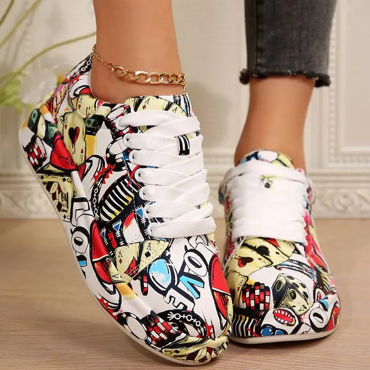 Women Sneakers Thick-soled Increased Women Sneakers New Hand-painted Graffiti White Women Shoes Outdoor Casual Shoes Plus Size