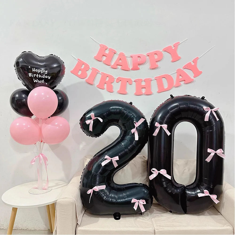 Black Number Balloons Aluminum Film Balloons With Pink Bow for Kids Boy Girl Birthday Party Decorations 0-9 Numbers