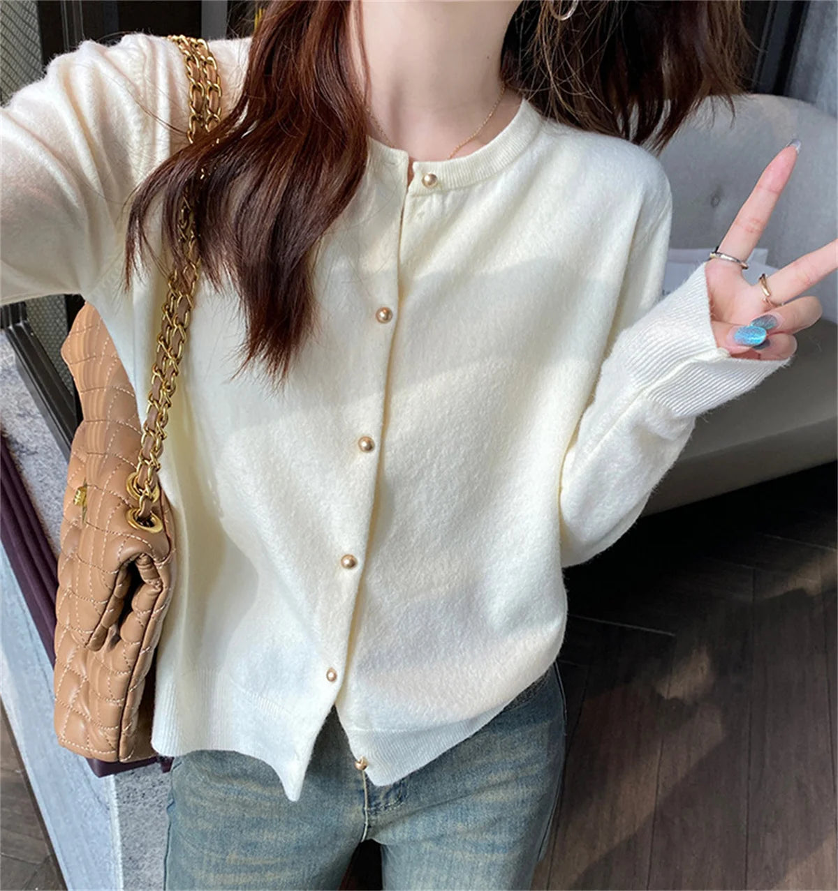 SDFBKCN Cardigan O-Kragen Strick Mit Knopfverschluss - Größe M Bis XL, Material Polyester, Länge Regular