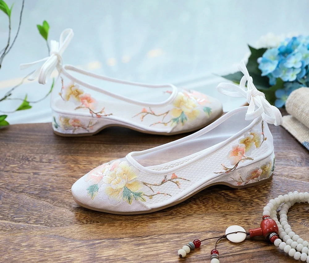 Ballerinas 2025: Veowalk Long Ankle Strap Summer Women Gauze Mesh - Embroidered Ballet Flats Breathable Comfortable Walking Shoes Elegant Lady Collection