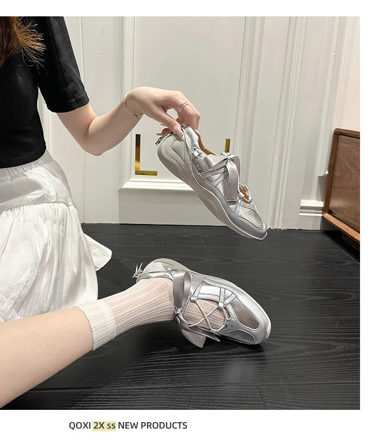 Ballet Flat Sneakers Women's Thick Bottom Bowknot Hollow Out Shoes Fashion Designer Mary Jane Ballet Comfort Shoes Female