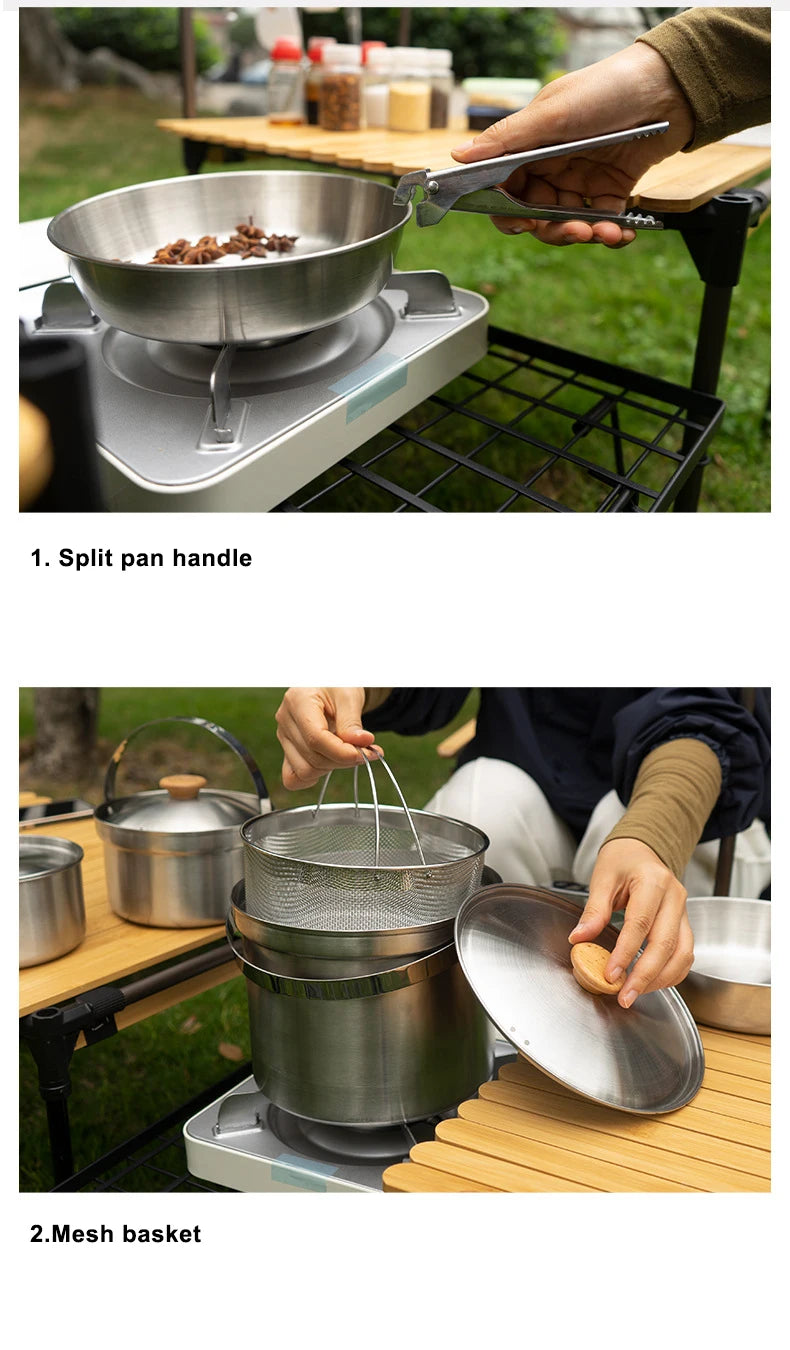 NOBANA Newest Outdoor Stainless Steel Pot Set Camping Family Pot Set 5L Portable Picnic Soup Pot Frying Steaming Household Pot