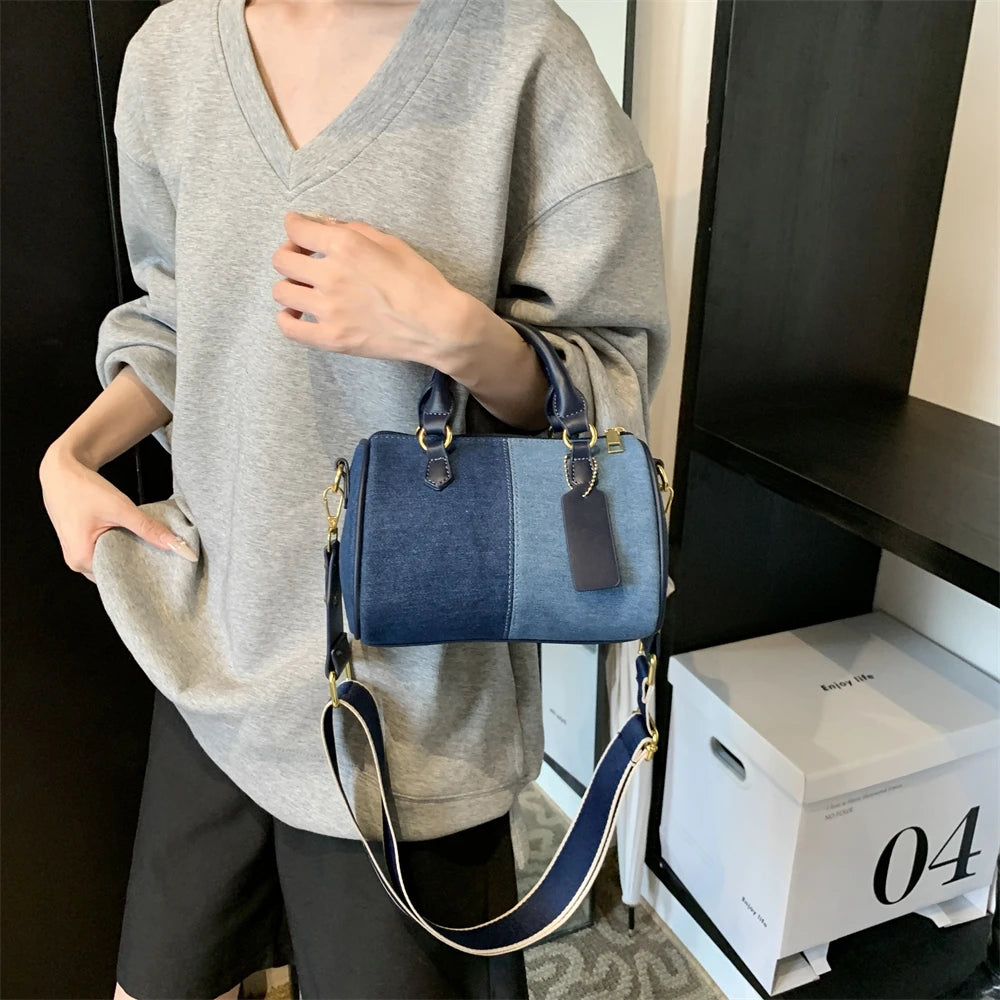 Patchwork Colorblock Mini Handbags For Women Denim Shoulder Cross Body Bags Casual Street Small Boston Bag 2024 Designer Purses