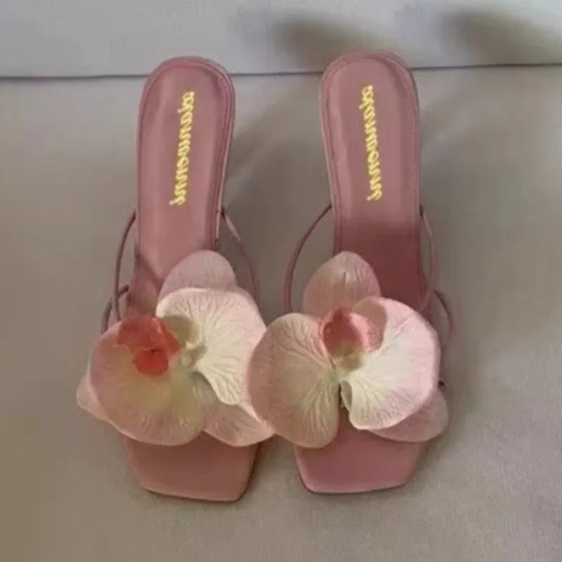 Brand Shoes Female 2025 Summer New Elegant Flowers Design Women's Slippers Casual Fashionable Outer Wear High Heel Slides Women