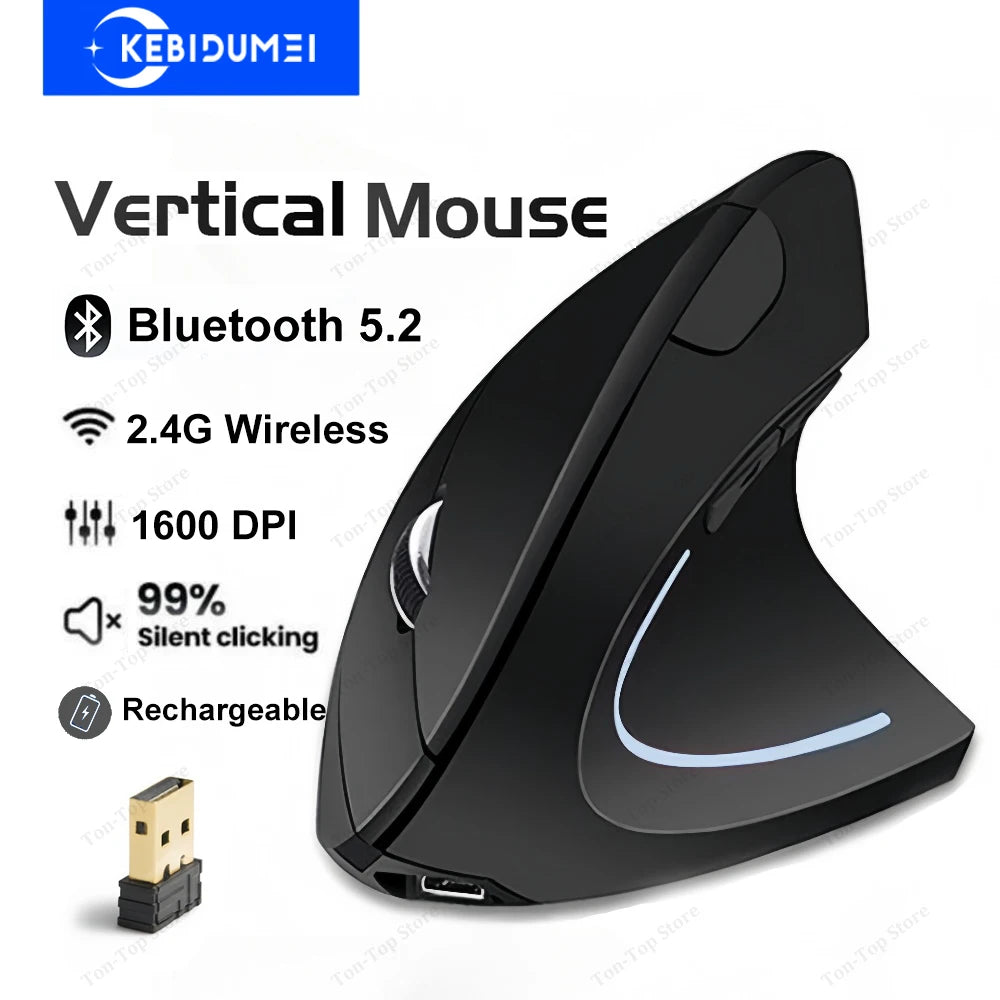 Wireless-Maus 2025: Bluetooth-5.2 Dual-Mode Vertical Rechargeable Silent 1600-DPI Collection