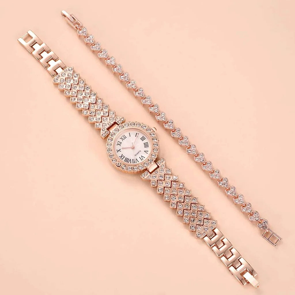 Luxus Damen Glänzende Armbanduhren 2-teiliges Set - Roségold Uhr Mode Damen Elegante Quarz Diamant Armbanduhr