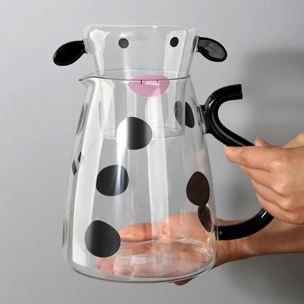Glass Cold Water Kettle With Handle Lovely Cartoon Cow Cold Cup Flowering Teapot Milk Iced Beverage Bottle Jug Kitchen Supplies