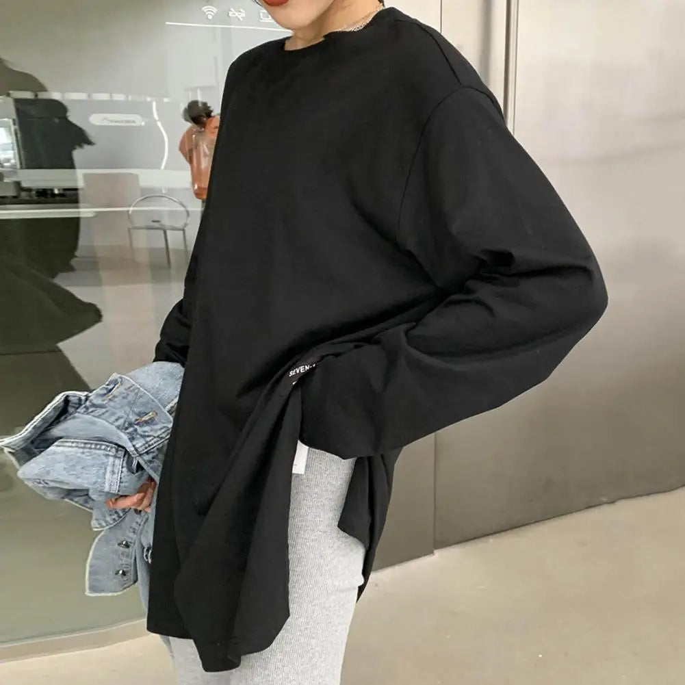 White Women T-shirt Round Neck Loose Long Sleeve Two Side Split Tee Shirt Pullover Spring Autumn Casual Loose t shirt Oversize