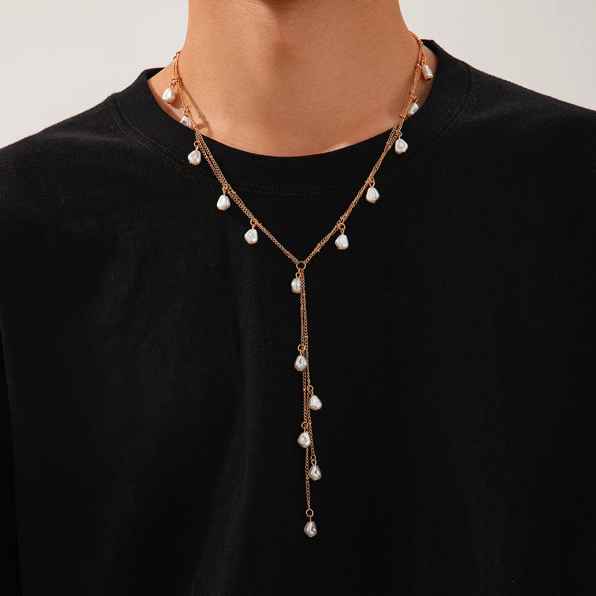 IngeSight.Z Creative Design Irregular Imitation Pearl Copper Tassel Long Chain Pendant Necklace for Men Women New Trend Jewelry
