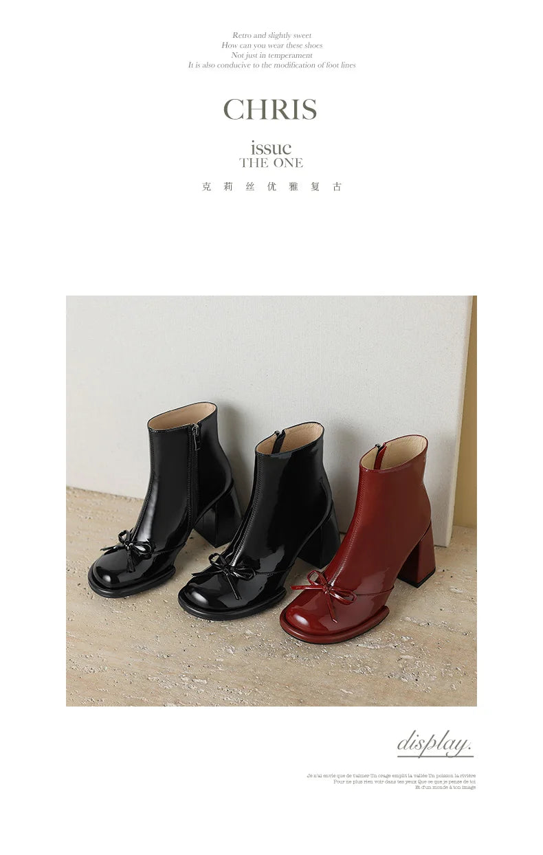 Elegant High Heels Women Ankle Boots Bow Sweet Shoes Winter New 2025 Trend Chunky Pu Leather Party Dress Snow Boots Pumps Mujer