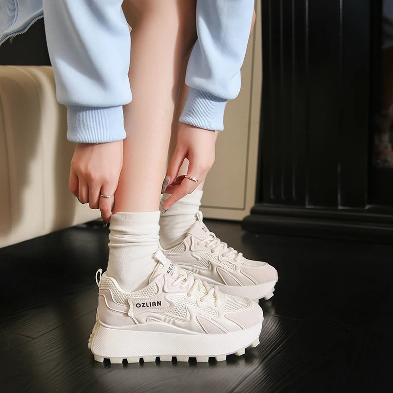 Women‘s Trendy Color-blocked Brand Design Thick-soled Sneakers 2024 Spring and autumn New  Lace-up Mesh Breathable Tennis Shoes