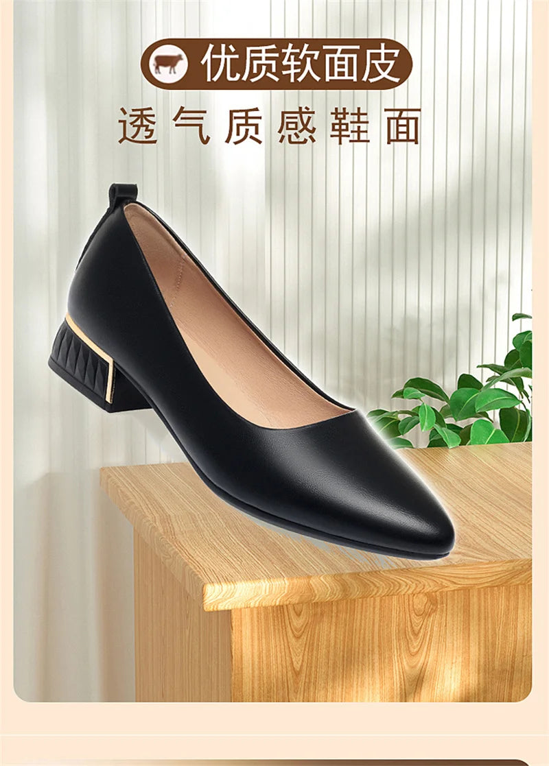 Simple Soft Leather Thick Heel Single Shoes For Women In Summer New Pointed Toe Low Heel White Work Shoes Elegant Comfortable