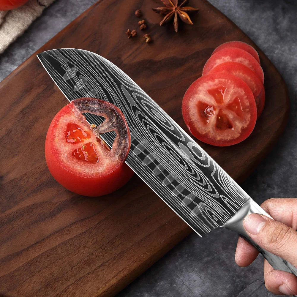 Kitchen Knife Damascus Laser Chef Knife 5 7 8 Inch Meat Cleaver Japanese Santoku Knive Butcher Slicing Cutter for Fish Vegetable