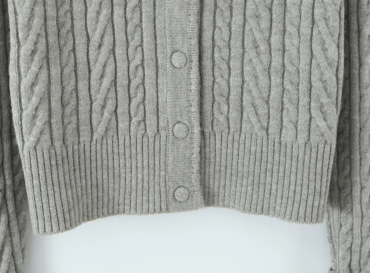 ZJOAN SHOWCN O-Neck Cardigan Set - Knopfverschluss Kurzrock Elastischer Bund Grau Khaki Größe Regular Extra-Heavy