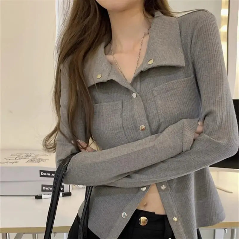 Women T-shirt Spring Autumn Clothes Ribbed Knitted Long Sleeve Short Tops Zipper Design Tee elegant Female Slim Tops