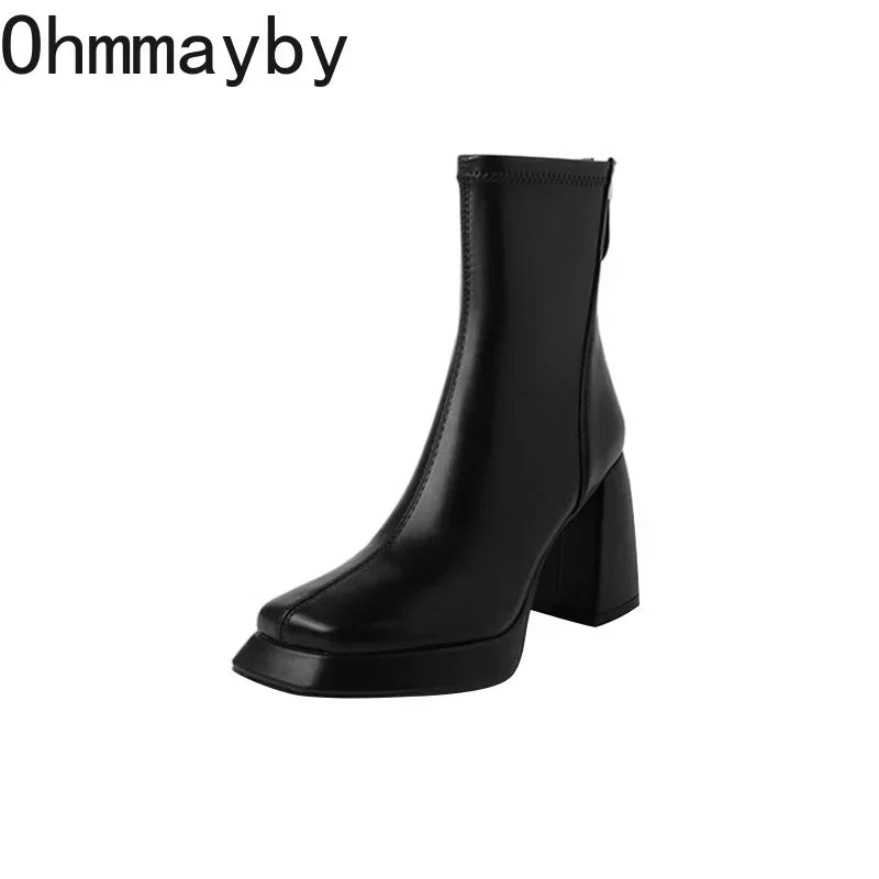 Ohmmayby Vintage Square Toe Damen Stiefeletten Mit Reißverschluss Hinten - Größe EU 37-41, Absatzhöhe 5-8 cm, Knöchelhöhe